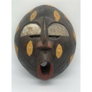 Vintage African Wooden Tribal Face Mask Brass Accents Wall Hanging Ghana